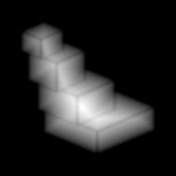 Inferred depth map showing a stepped building massing as a smooth relief